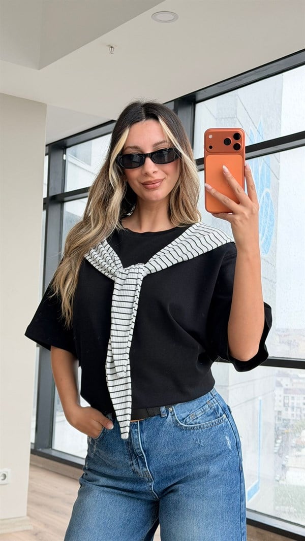 Çizgili Hırka Bağlama Detay Tshrt Siyah