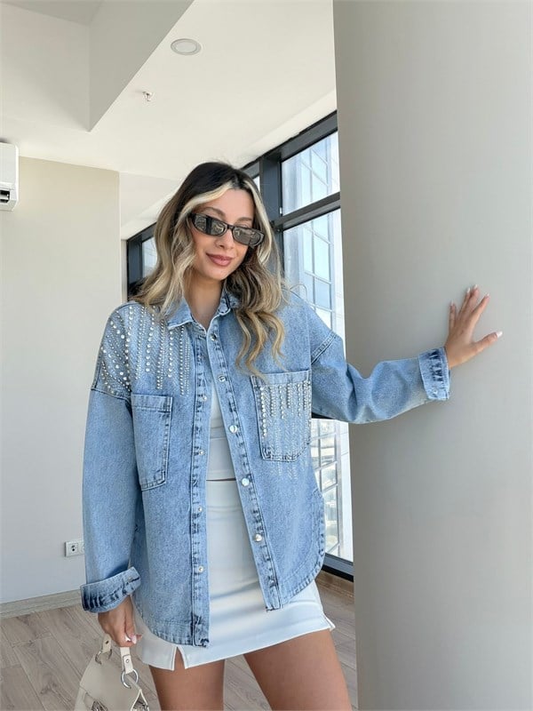 Salkım Taşlı Yıkamalı Mavi Oversize Denim Ceket