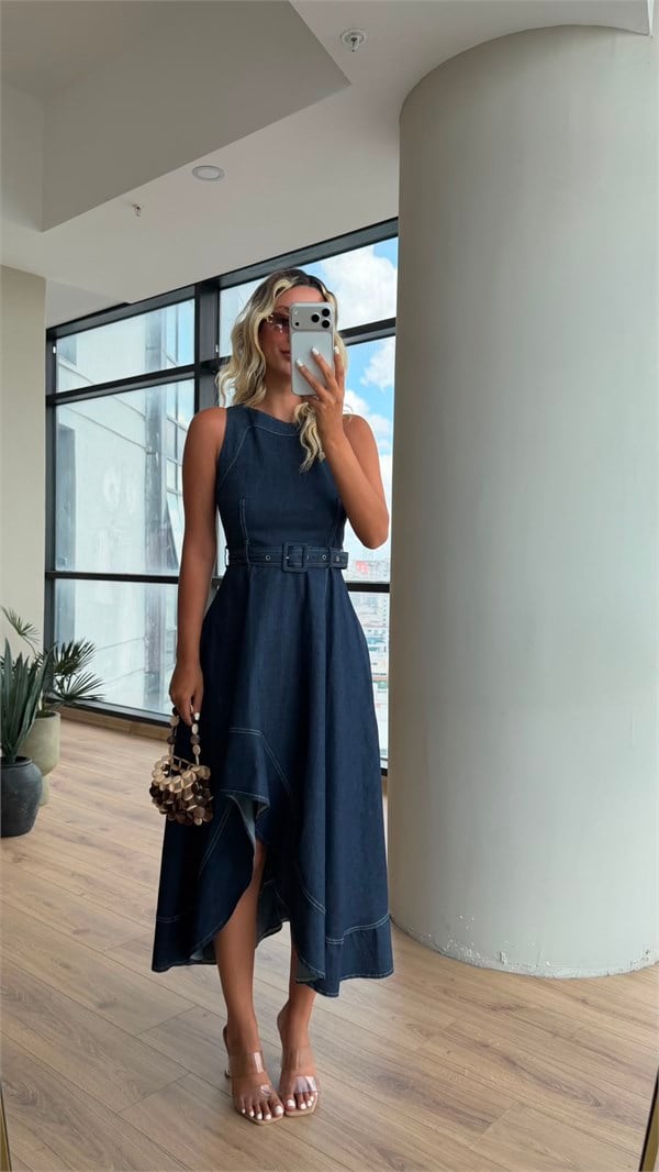 Asimetrik Kesim Kemerli Denim Midi Elbise