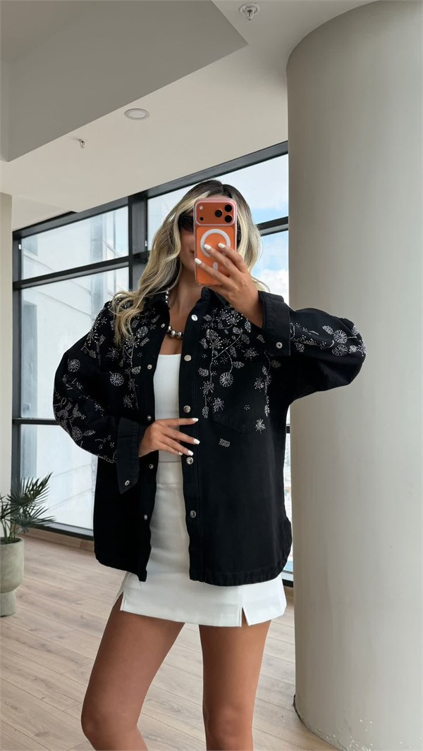 Stella Taş İşlemeli Denim Yıkamalı Siyah Ceket