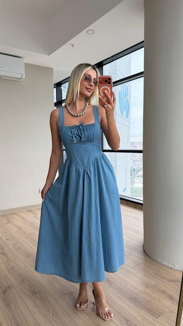 Katerina Göğüs Büzgülü Kot Elbise Açık Mavi