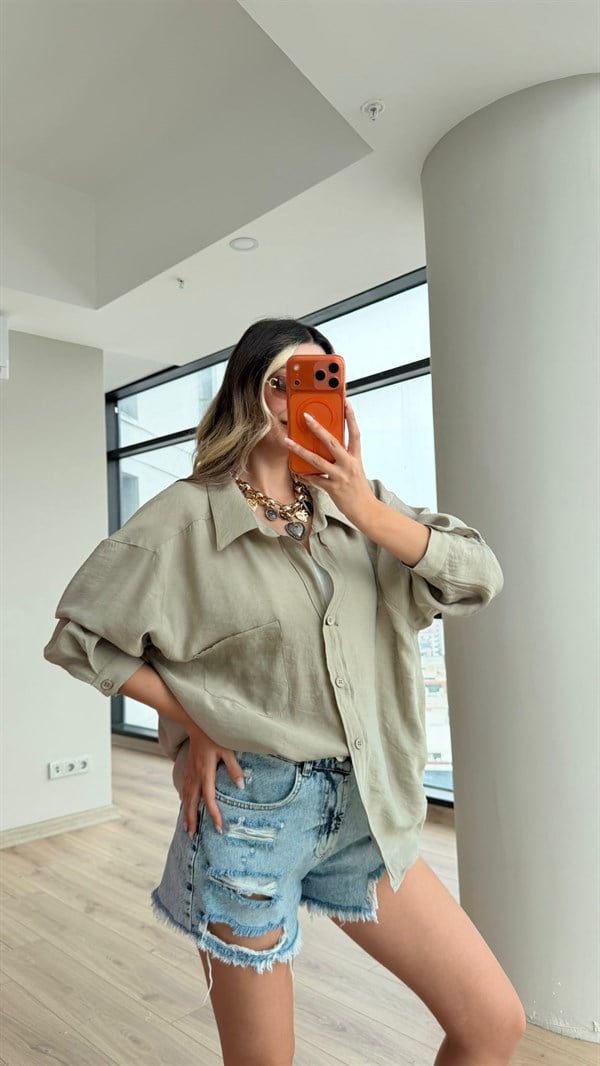 Premium Düşük Omuzlu Oversize Gömlek Yeşil