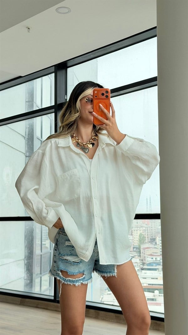 Premium Düşük Omuzlu Oversize Gömlek Beyaz