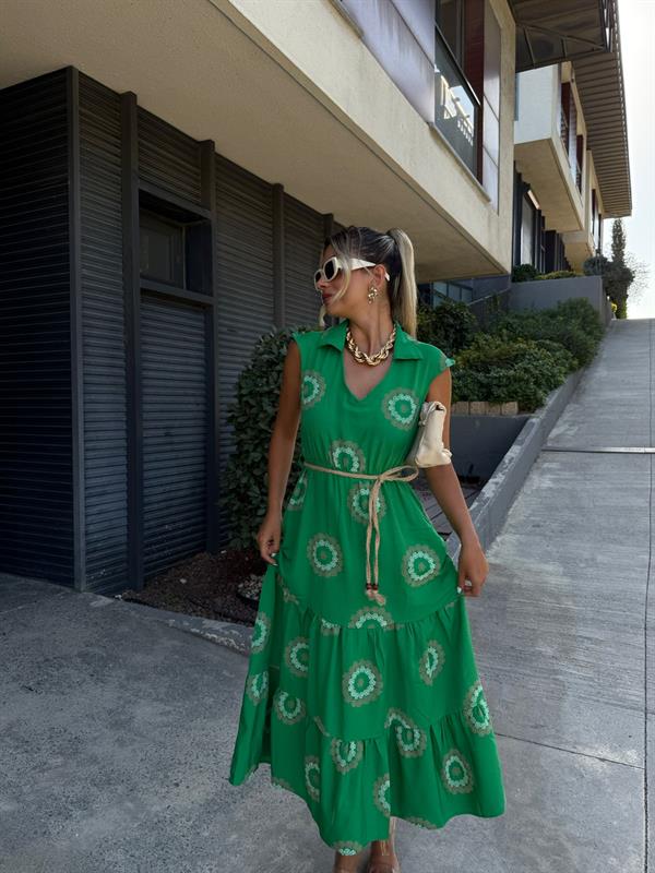 Motif Desen Hasır Kemerli Elbise Yeşil