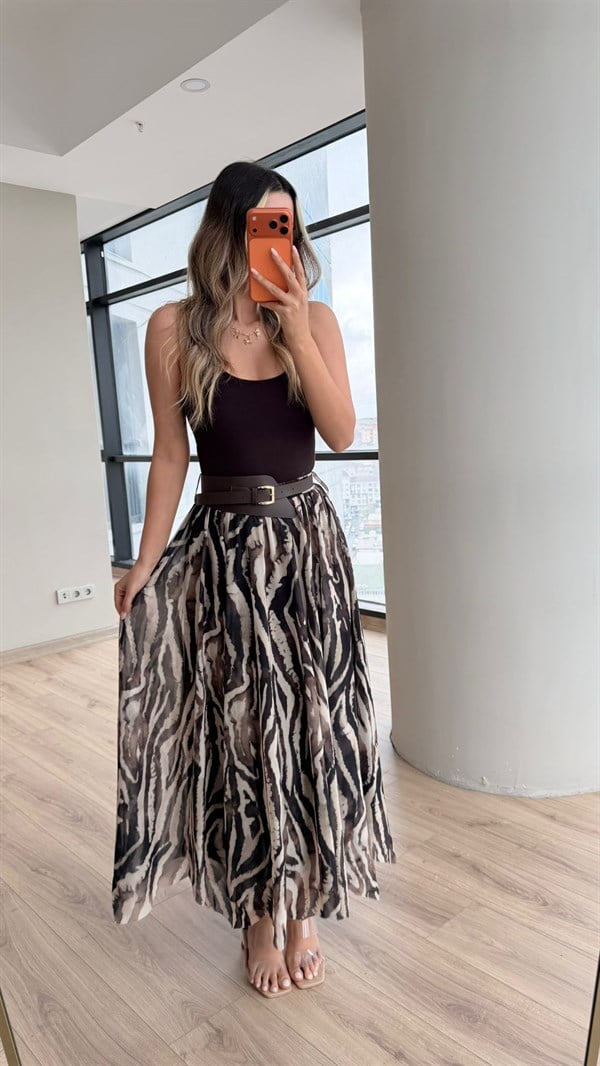 Zebra Desen Parçalı Kemerli Etek Kahve