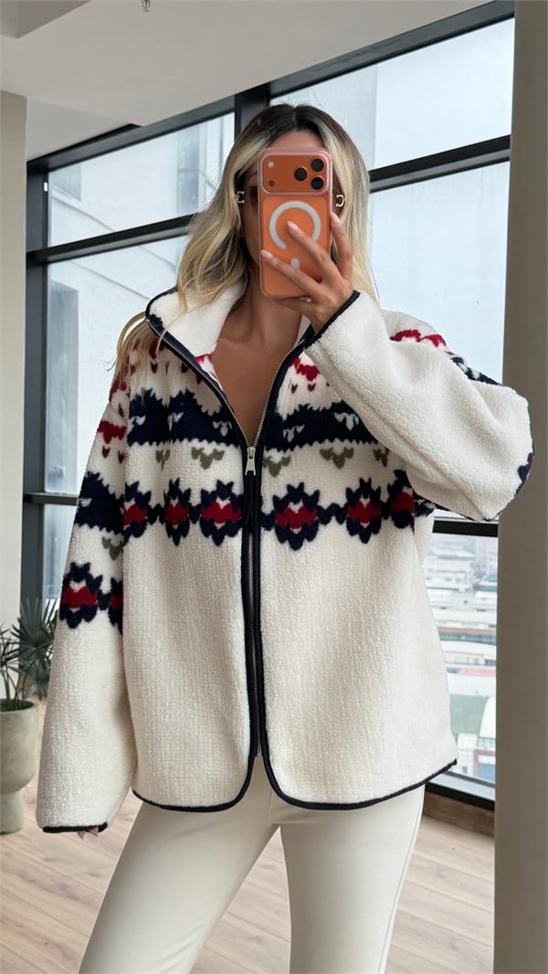 Peluş Teddy Kilim Desenli Hırka