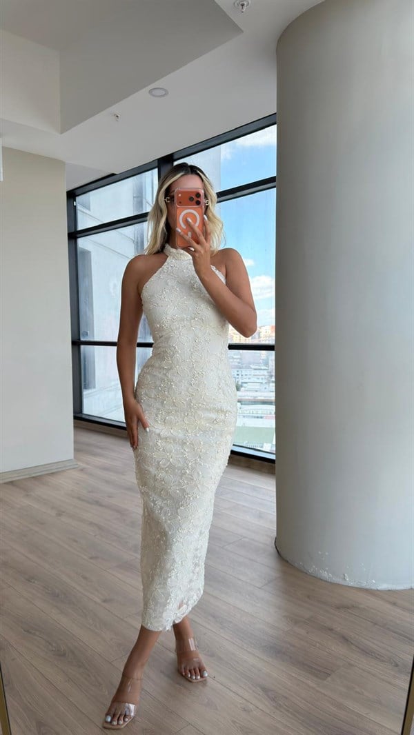 Lorena Astarlı Midi Elbise Krem