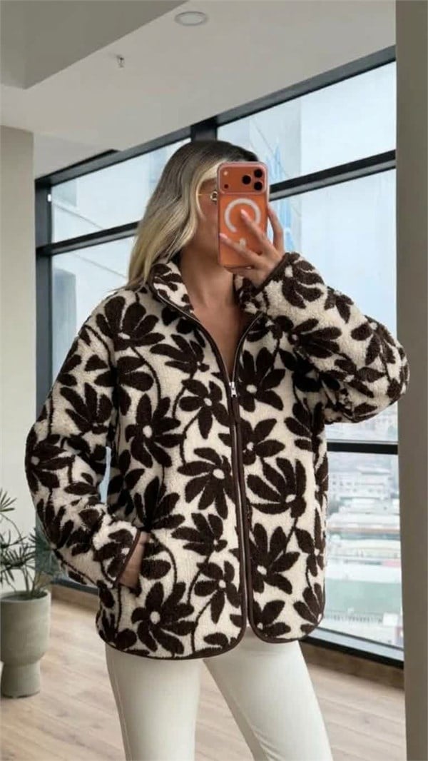 Peluş Teddy Kahverengi Çiçek Desenli Hırka