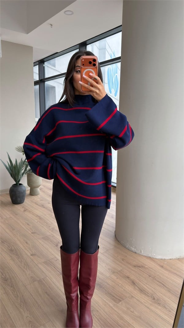 Çizgili Oversize Geniş Kol Kazak Lacivert
