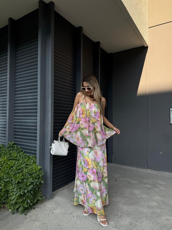 Zr Model Çiçek Desenli Pembe Şifon Elbise