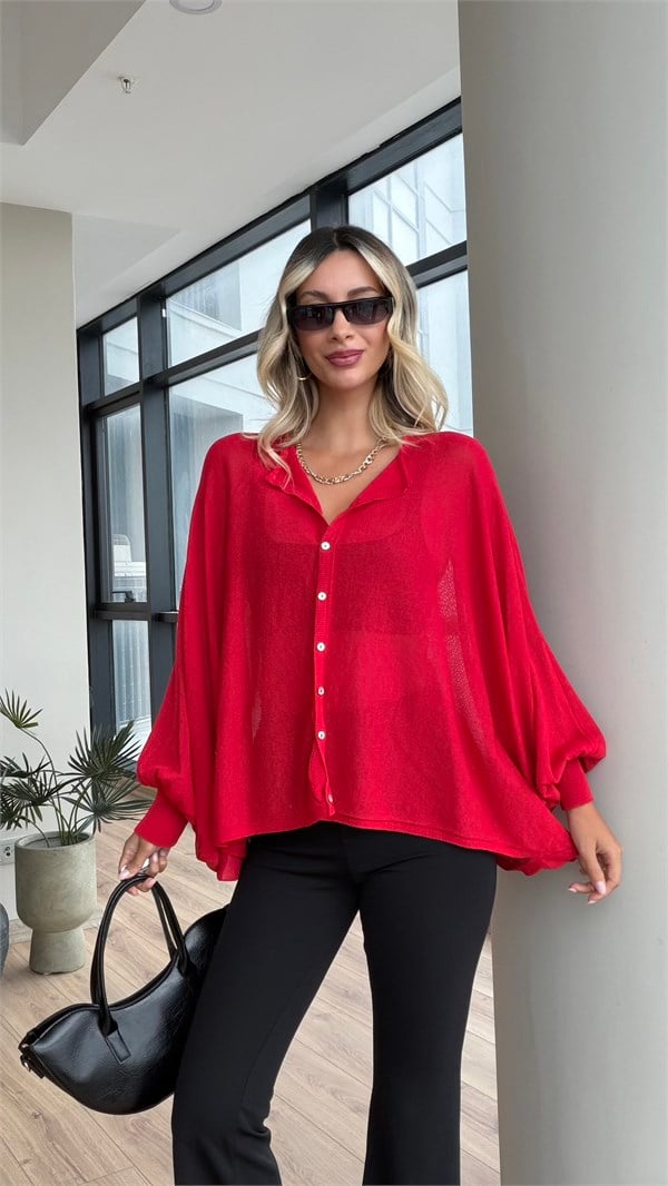 Transparan Pelerin Hırka Kırmızı
