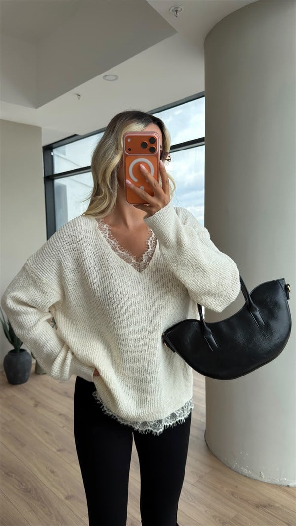 V Yaka Dantelli Oversize Triko Kazak Ekru