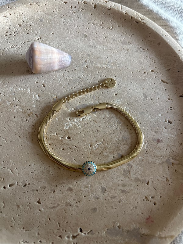Tırtıklı Yassı Nazar Kaydırmalı Charm Gold Bileklik ( Xuping )