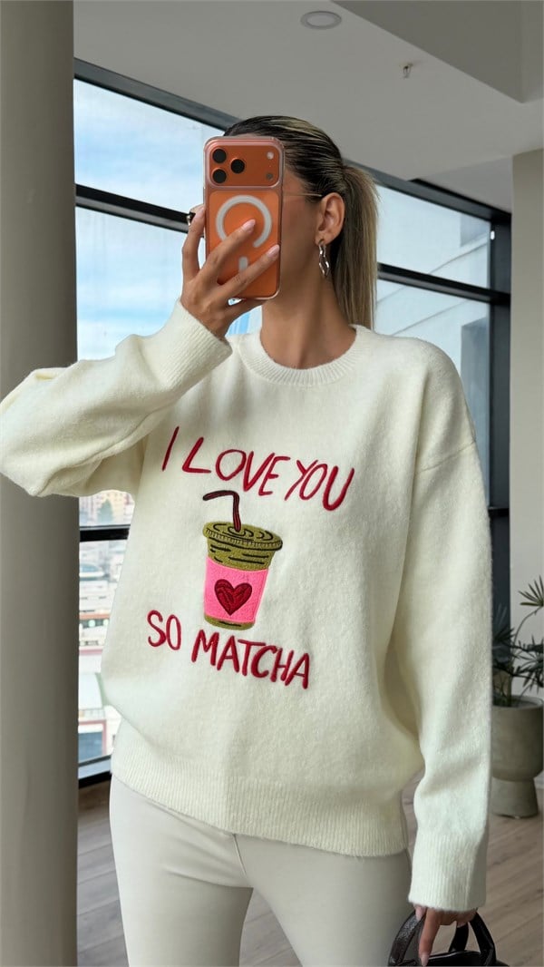 Matcha Desenli Yumoş Triko Ekru Kazak