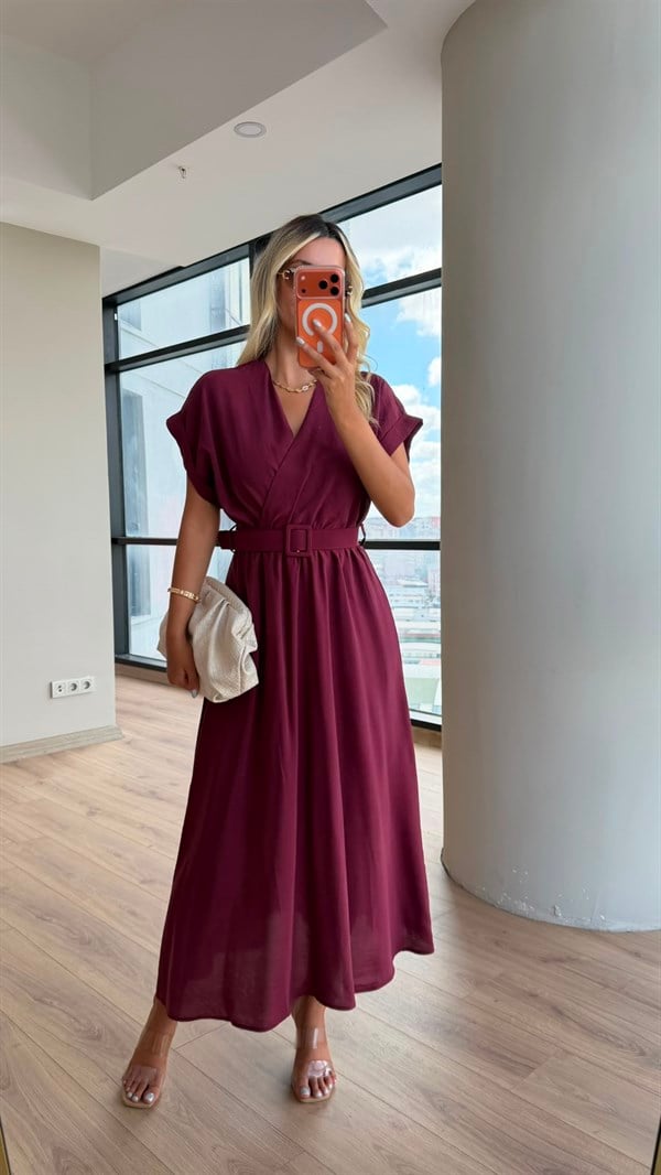 Lola Double Kol Kemerli Astarlı Elbise Dut Moru
