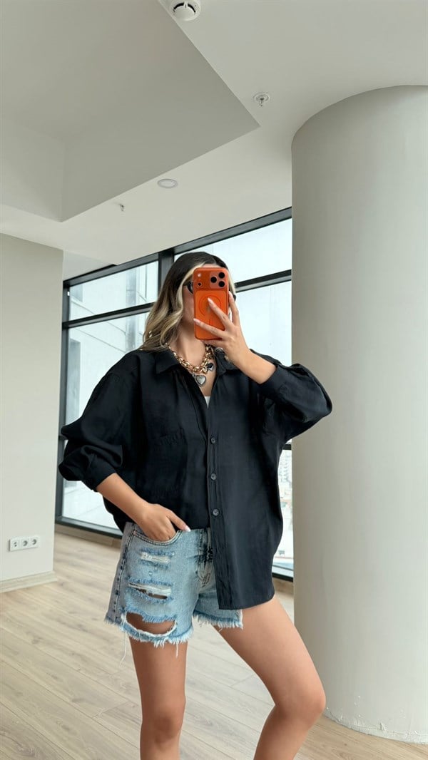 Premium Düşük Omuzlu Oversize Gömlek Siyah