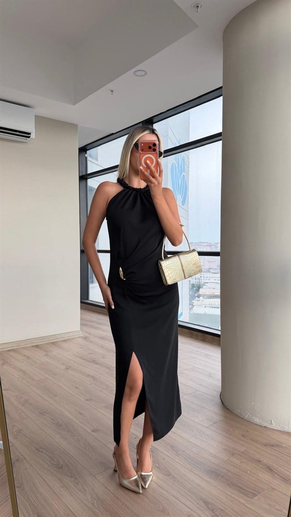 Zr Model Palmis Tokalı Midi Elbise Siyah