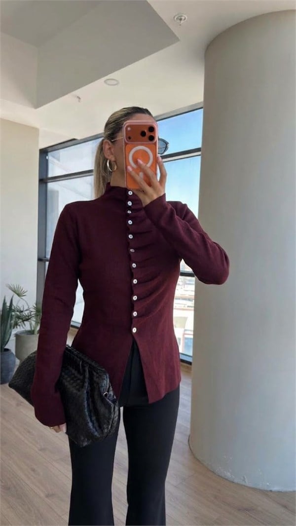 Önü Elitli Bordo Uzun Kol Hırka