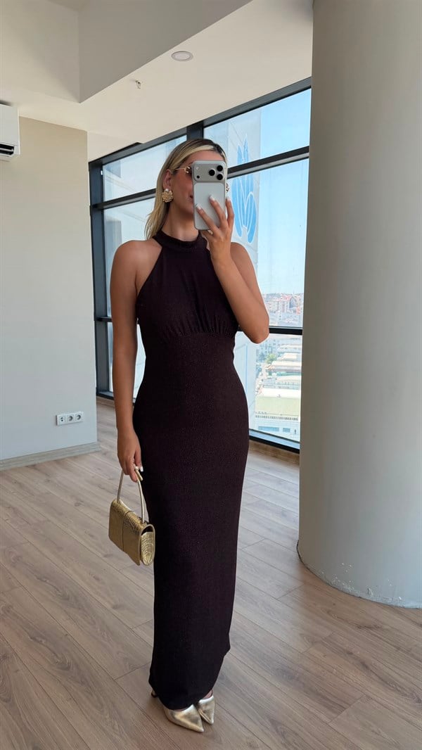Elsie Simli Halter Yaka Midi Elbise Kahve
