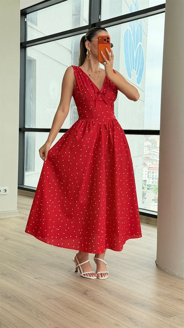 Polka Puantiye Kırmızı Elbise