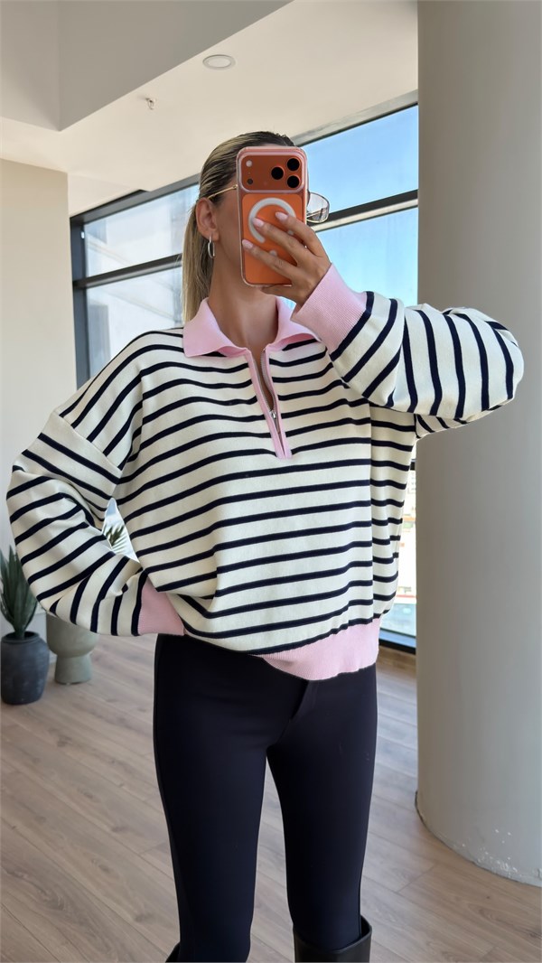 Aura Pembe Yakalı Çizgili Triko