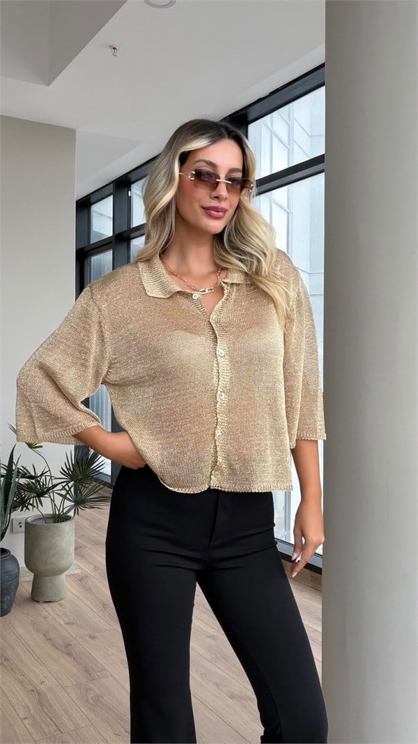 Premium Gold Örgü Polo Yaka Hırka
