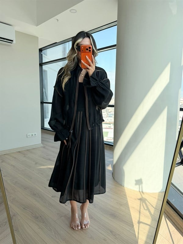 Hera Şifon Ceket&Midi Etek Takım Siyah-Kahverengi