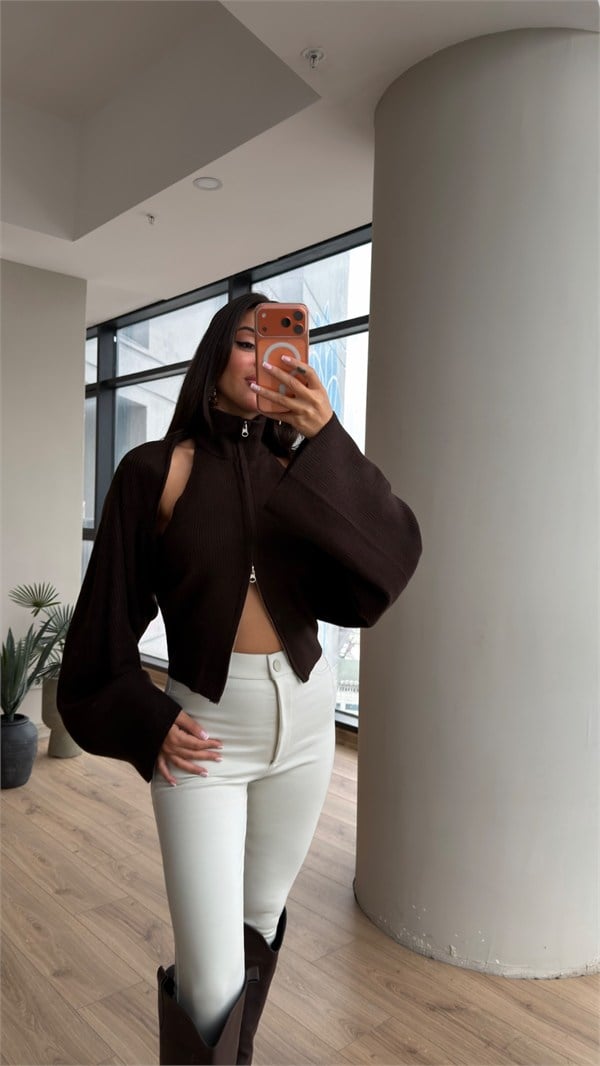 Çift Fermuarlı Bluz Bolero Takım Kahve
