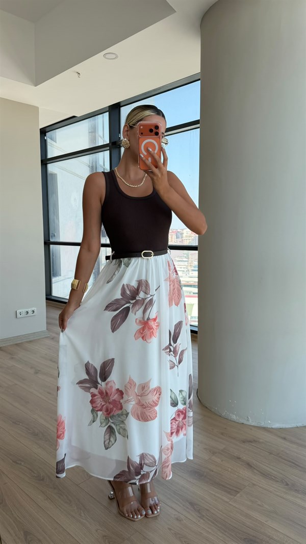 Şifon Etekli İnce Kemerli Sıfır Kol Elbise Pembe Desenli
