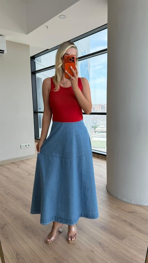 Joge Kırmızı Denim Detaylı Kolsuz Kadın Yazlık Elbise