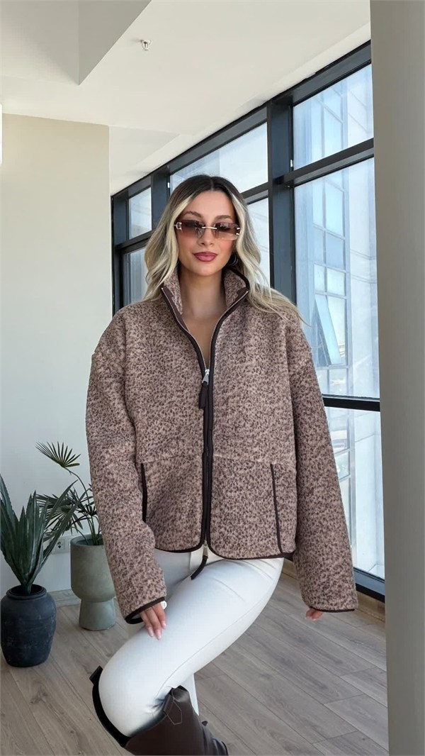 Peluş Teddy Dik Yaka Biye Cepli Koyu Vizon Hırka