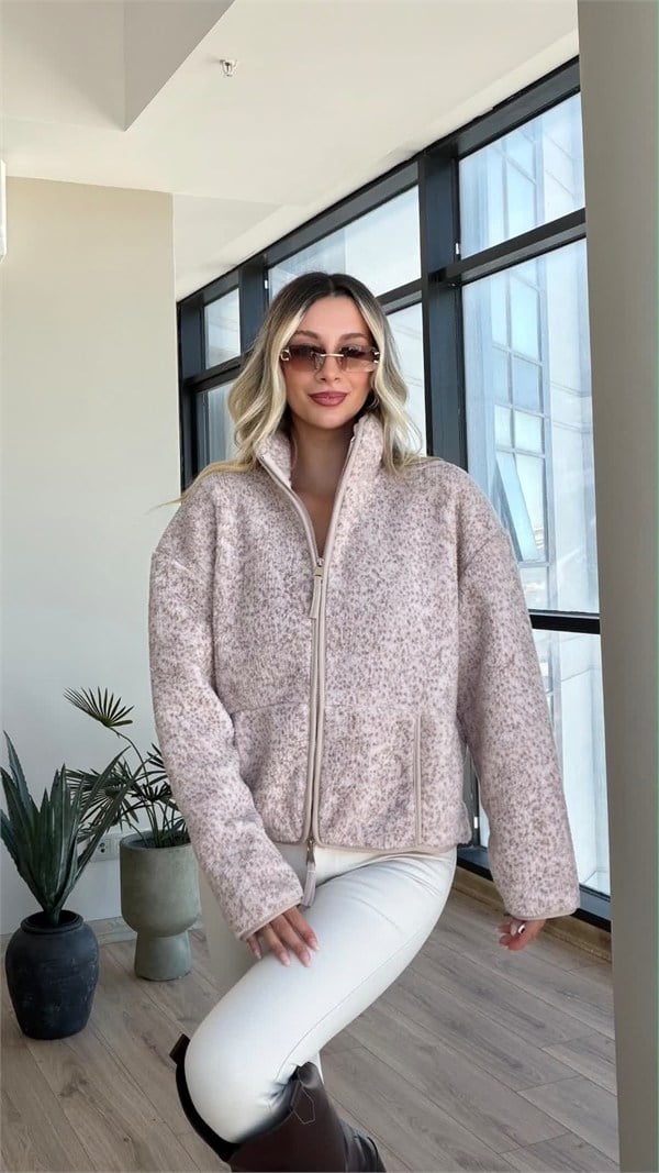 Peluş Teddy Dik Yaka Biye Cepli Taş Hırka