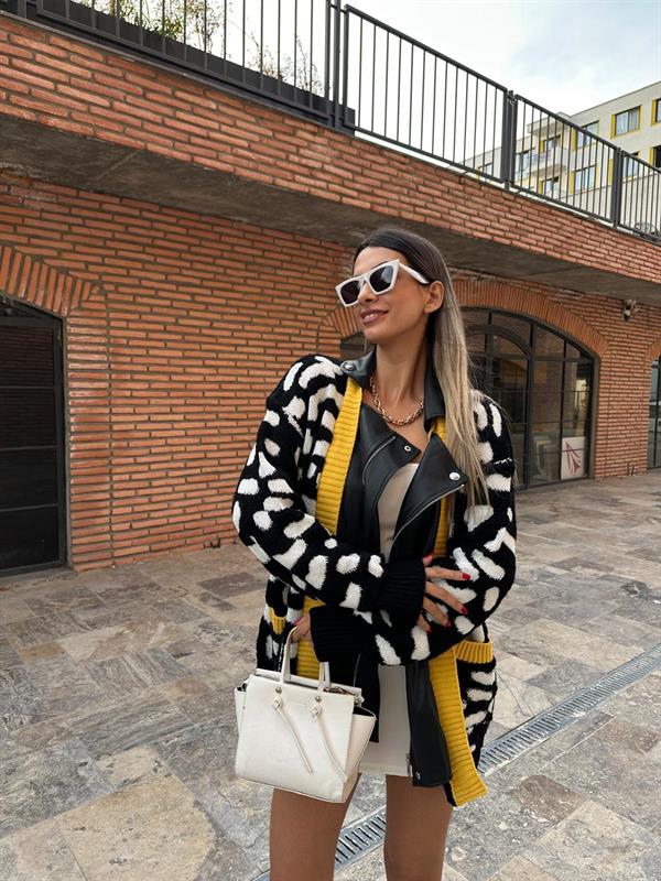 Marka Model Deri Detaylı Leopar Ceket (Sarı Şerit) hrk1043rvd