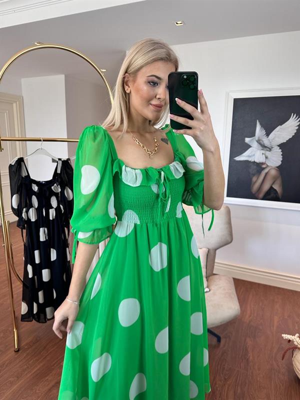 Sonya prenses kol puanlı şifon elbise yeşil