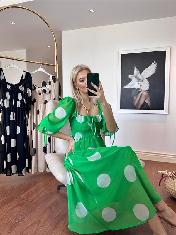 Sonya prenses kol puanlı şifon elbise yeşil