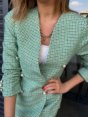 Yeşil Sıfır Yaka İnci Düğmeli Ceket
