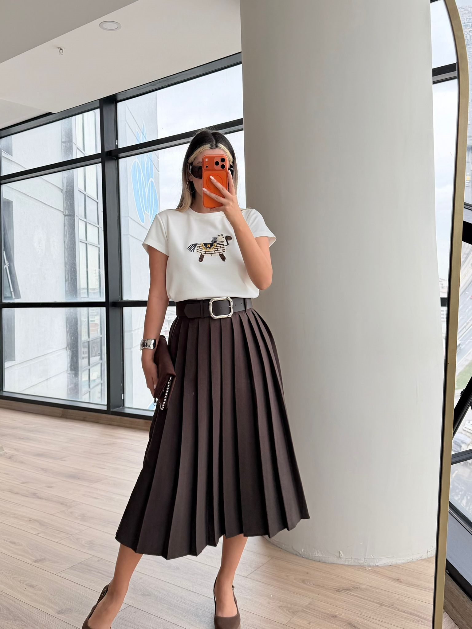 Zr Muadil Cupra Kahve Pileli Kloş Etek