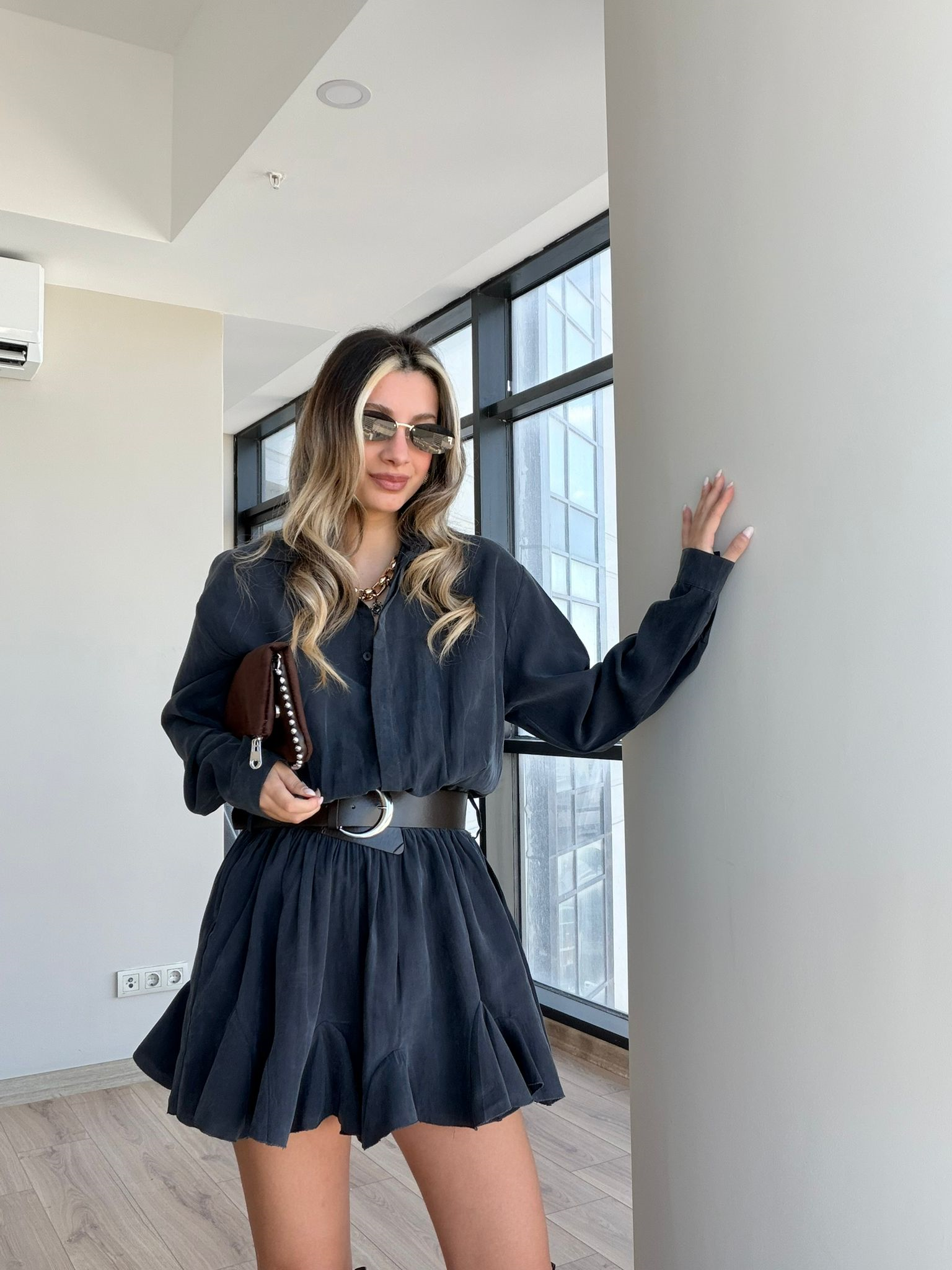 Carolina Tensel Kumaş Kemerli Etek Hareketli Elbise Antrasit