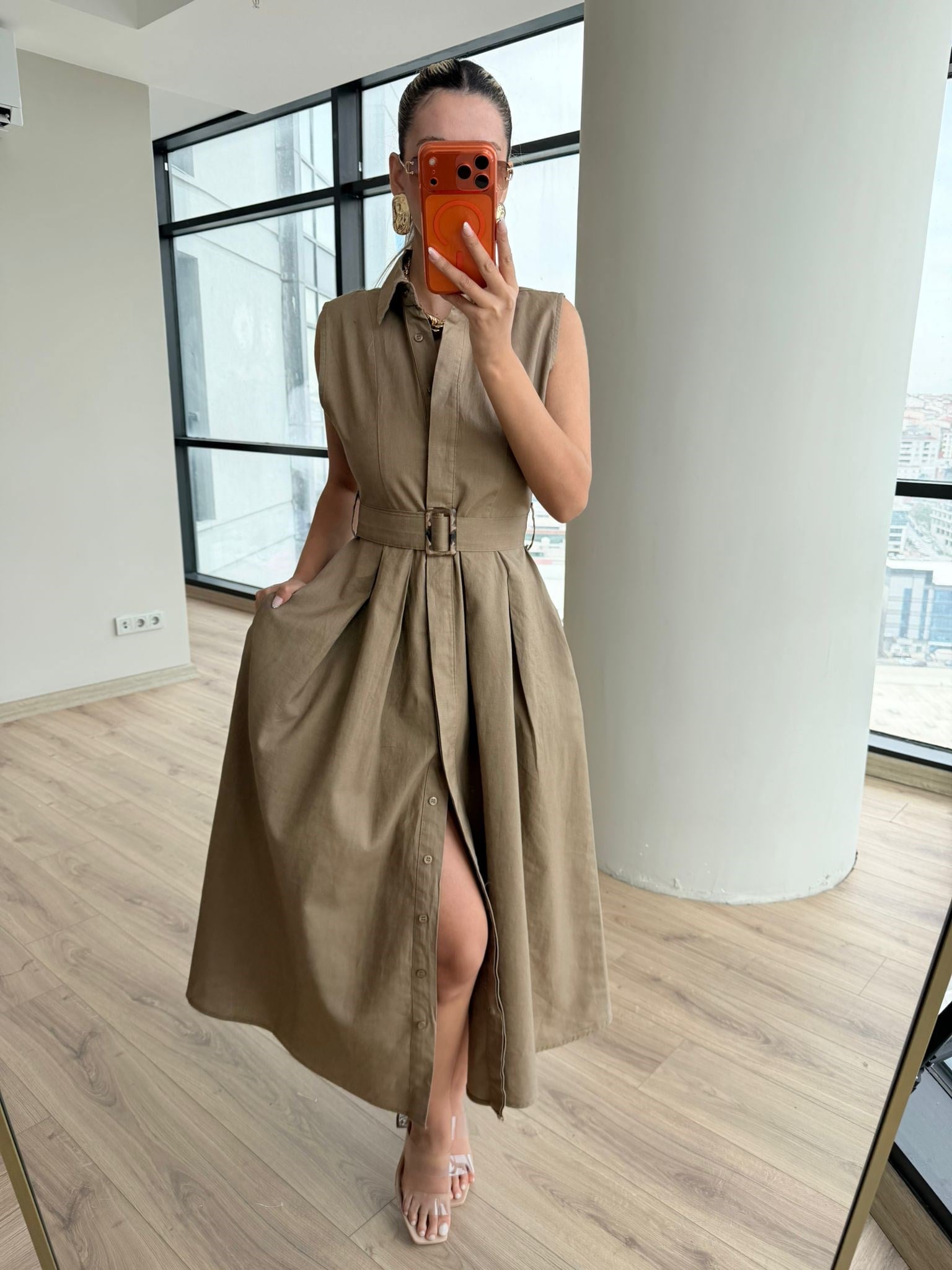 Kemer Detaylı Midi Premium Elbise Haki