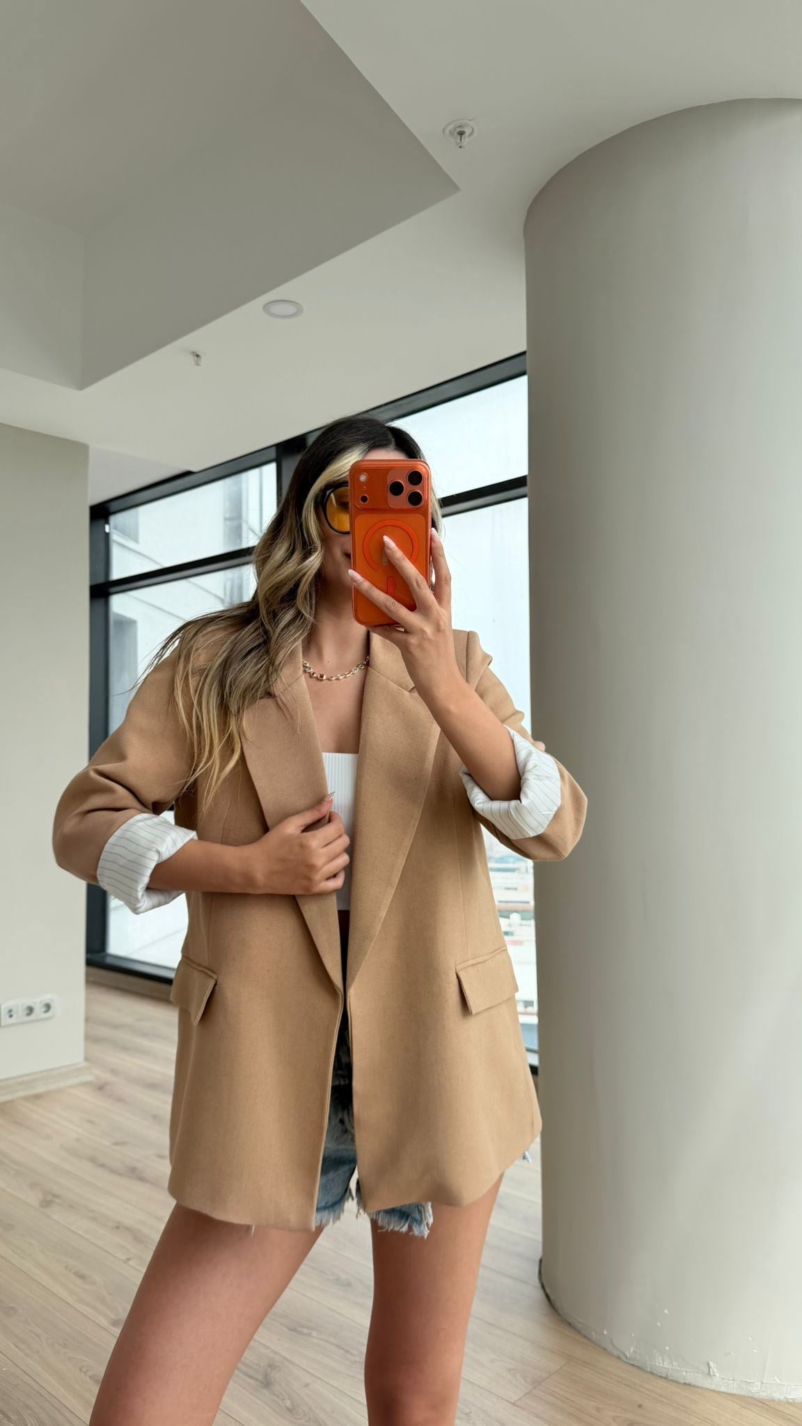 Kolu Katlamalalı Blazer Keten Ceket Camel