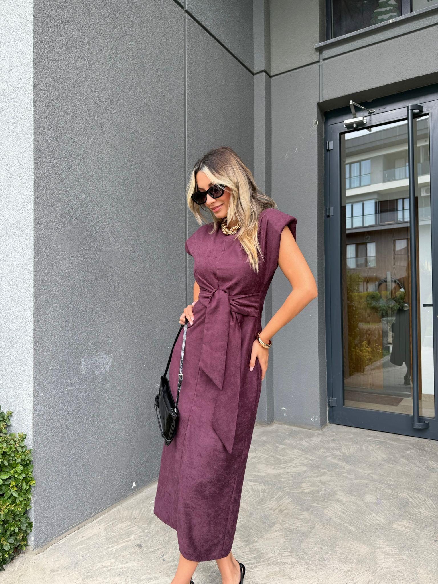 Alesiya Vatkalı Süet Elbise Mürdüm