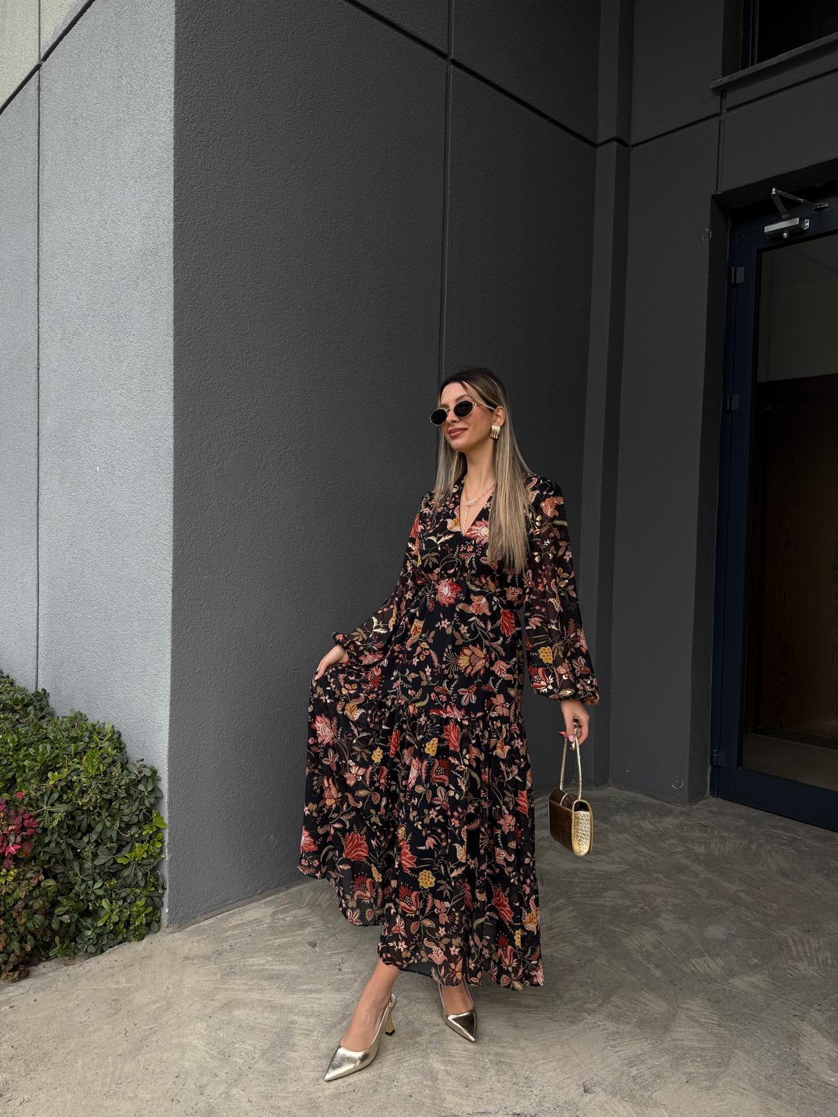 Orijinal Marka Gold Varak Baskılı Şifon Elbise Siyah