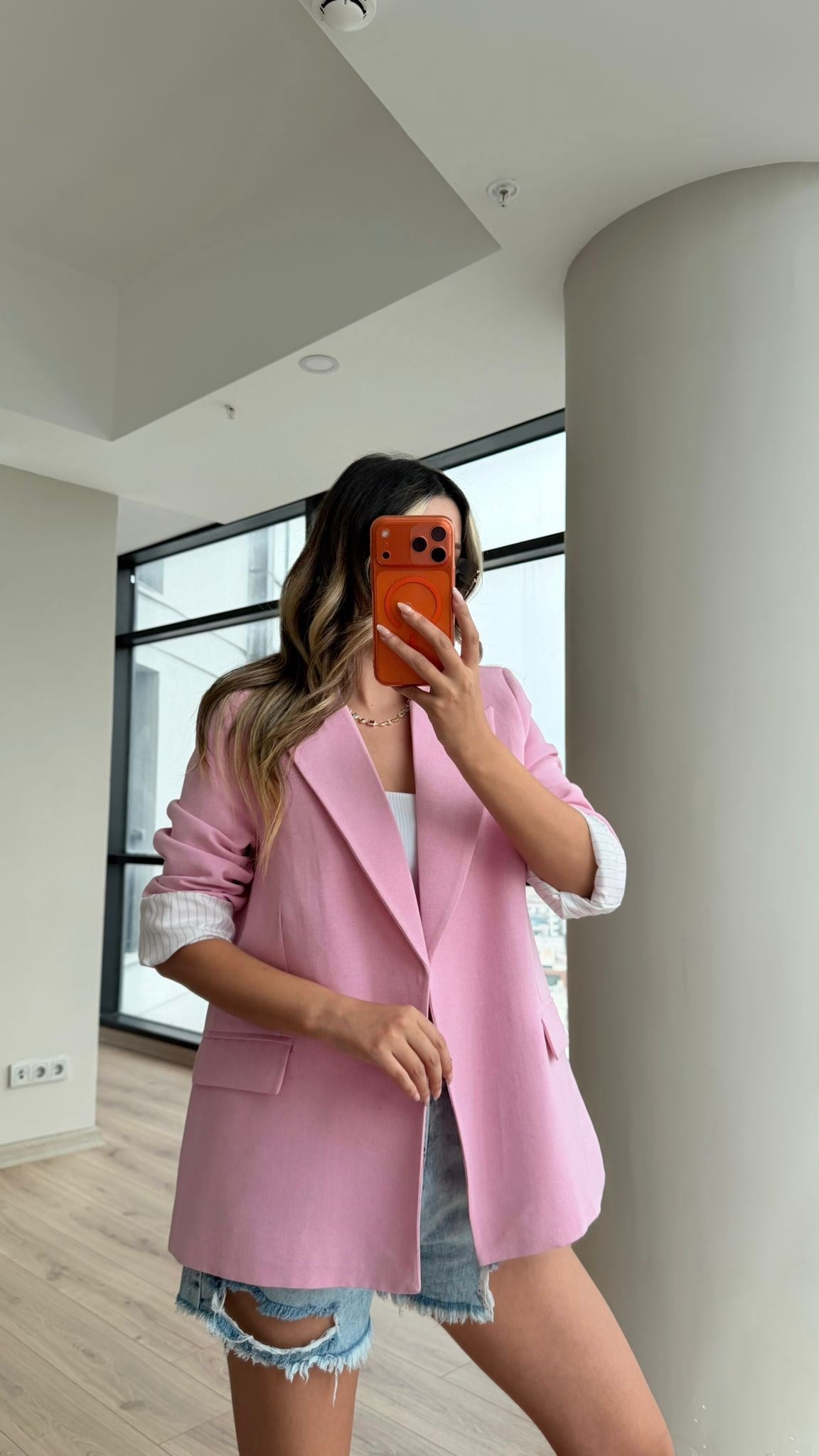 Kolu Katlamalalı Blazer Keten Ceket Pembe