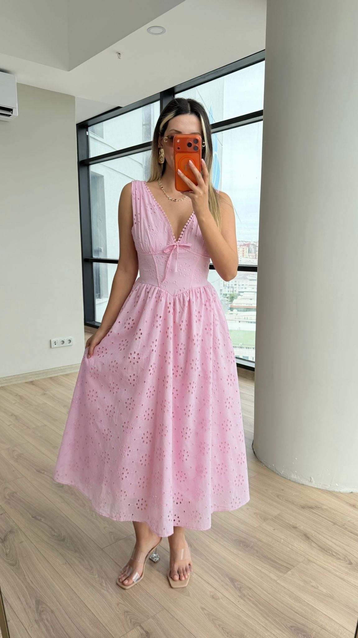 Göğüs Fiyonklu Astarlı Fisto Elbise Pembe