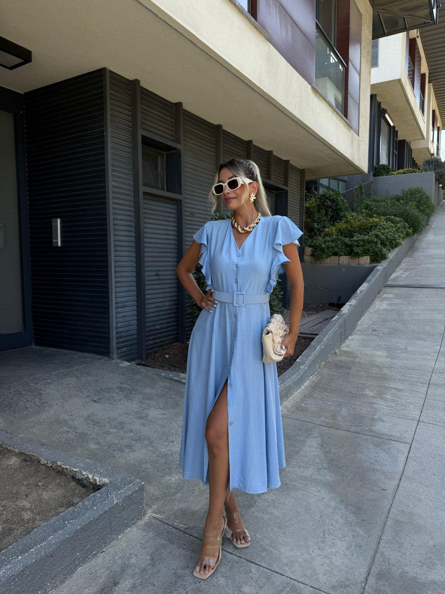 Fırfır Kol Kemerli V Yaka Gömlek Elbise Açık Mavi