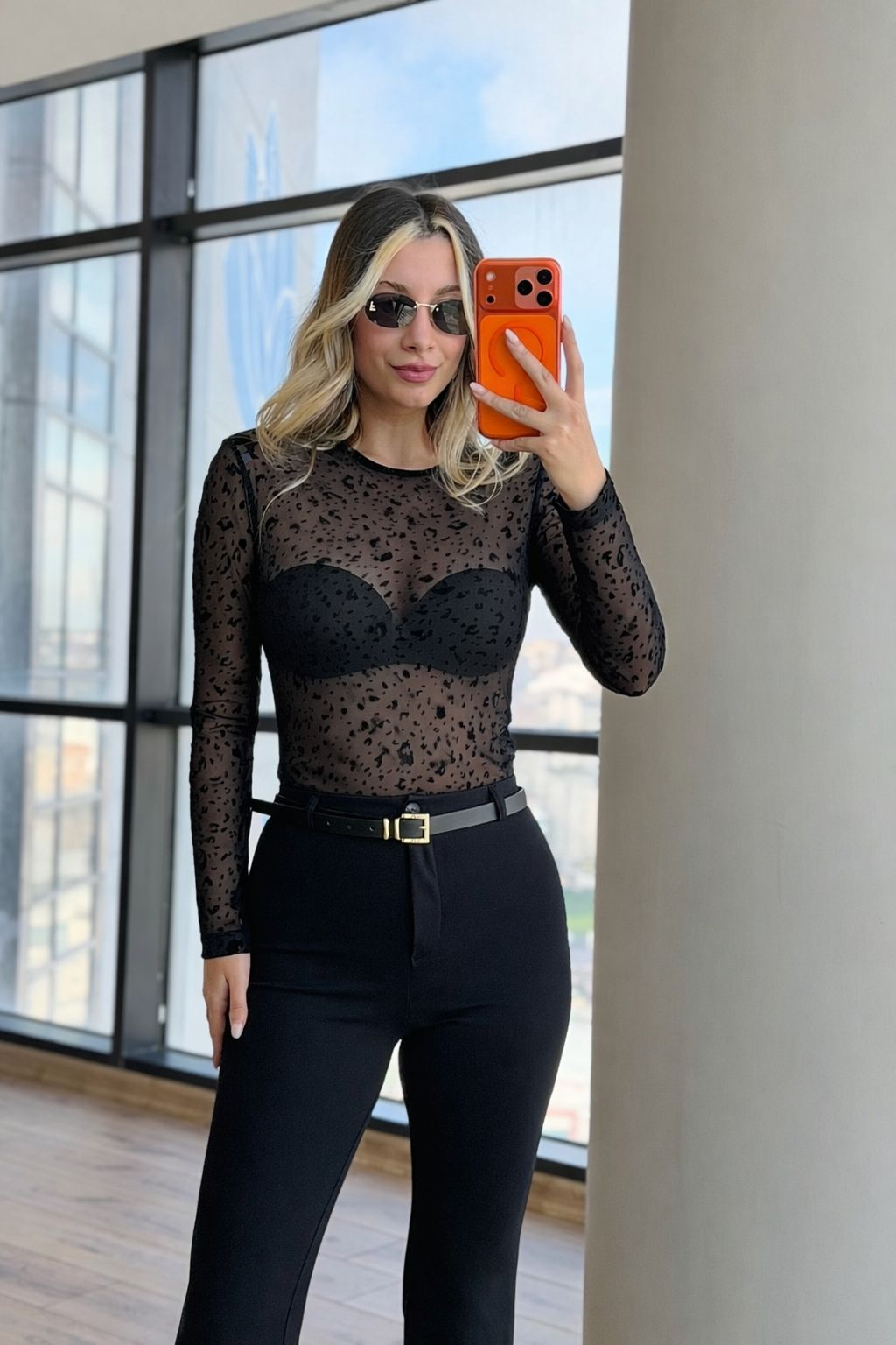 Transparan Leopar Flok Baskılı Bodysuit Siyah