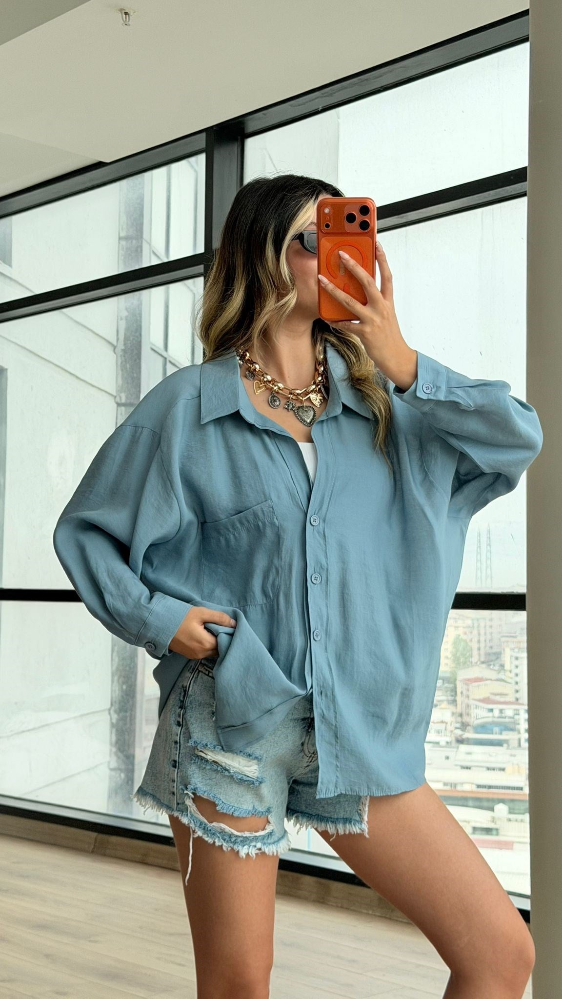 Premium Düşük Omuzlu Oversize Gömlek Mavi