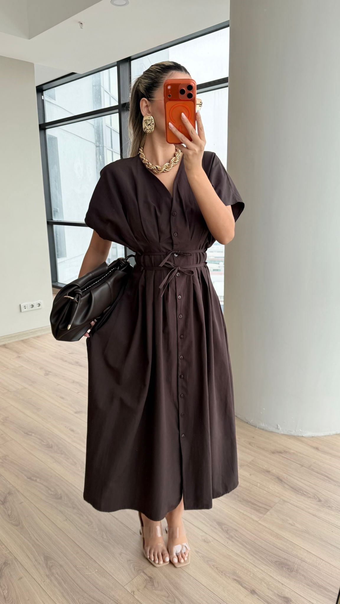 Boydan Boya Düğmeli İnce Kuşak İpli Elbise Kahverengi