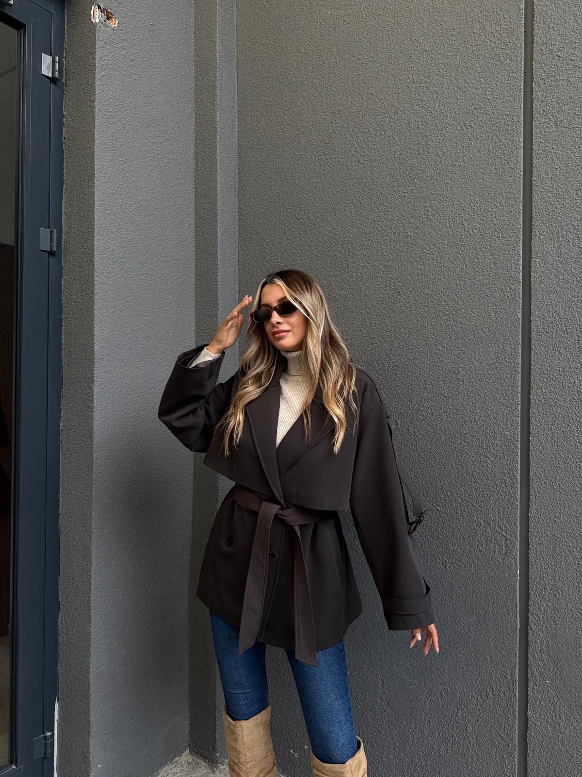 Oversize Düşük Omuz Trençkot Koyu Kahve