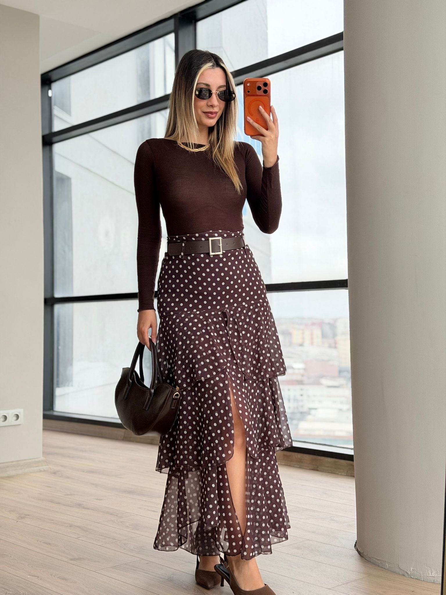 Bella Puantiye Kat Kat Şifon Etek Kahverengi